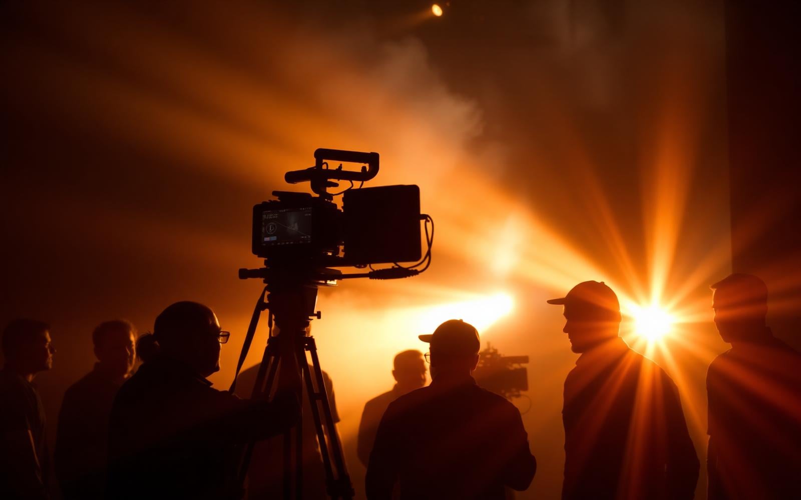 Film crew silhouettes around a camera with warm golden light beams