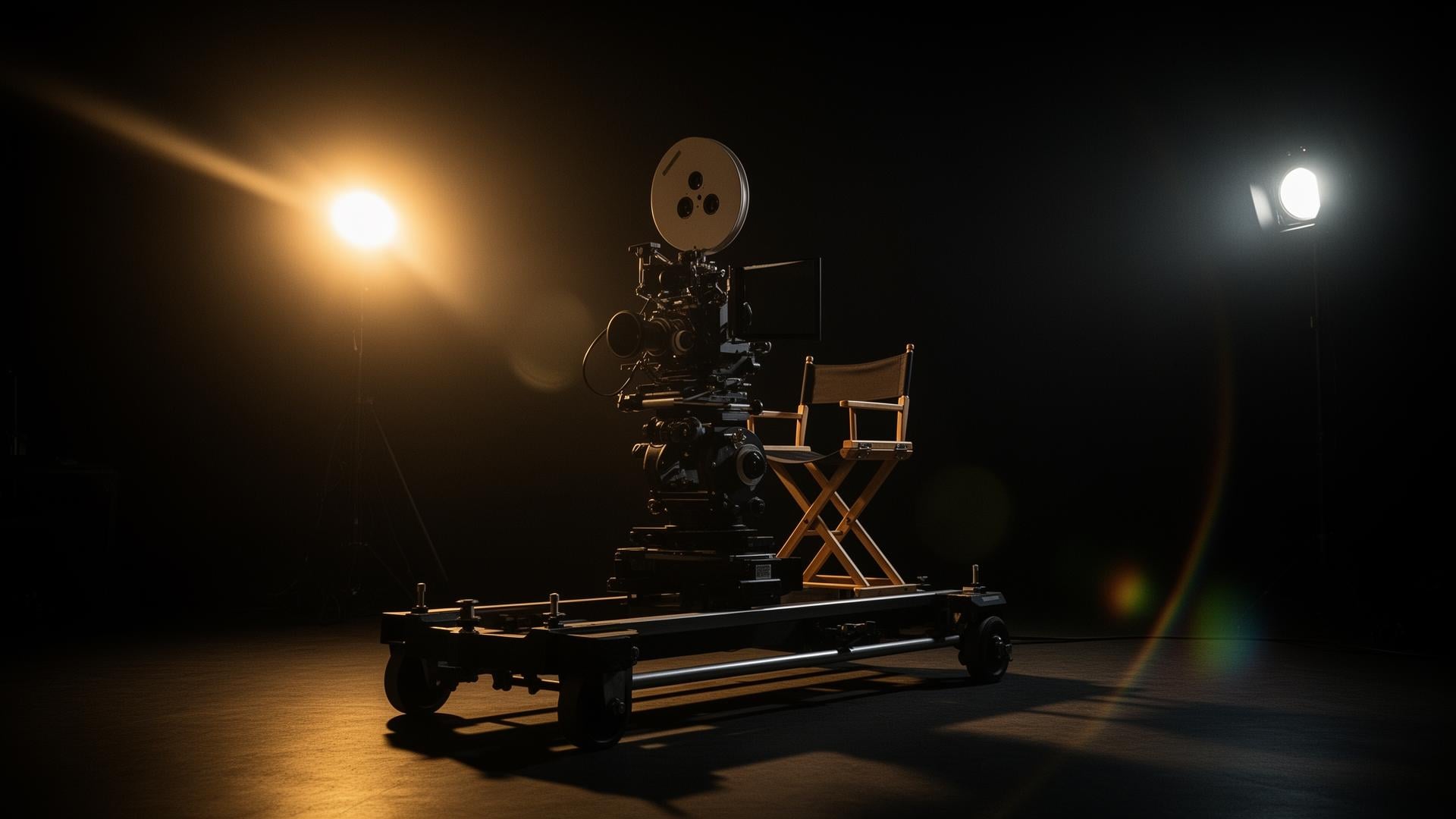 Cinematic film set with movie camera and director's chair under dramatic studio lighting